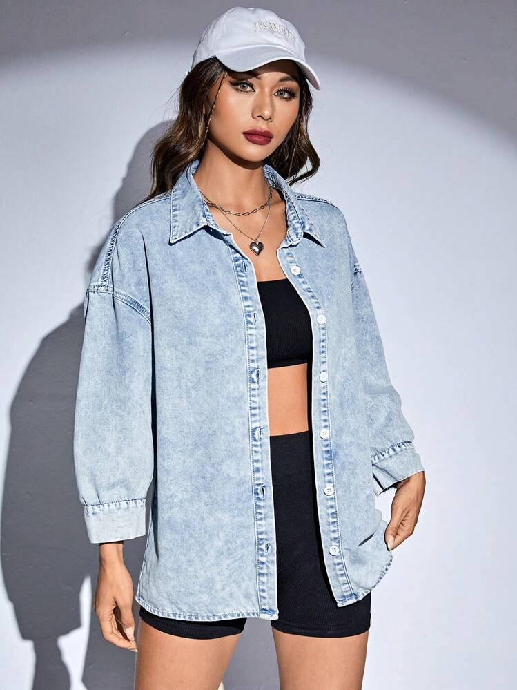SHEIN ICON Drop Shoulder Button Front Denim Shirt Without Cami Top, Fall Women Clothes - Medium Wash - View 3