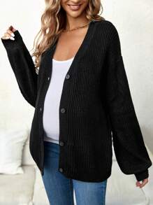 SHEIN Áo len cardigan dệt kim hở vai cho bà bầu, tay dài, dành cho mùa đông - màu đen - Xem 3