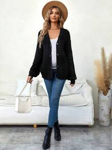 SHEIN Áo len cardigan dệt kim hở vai cho bà bầu, tay dài, dành cho mùa đông - màu đen - Xem 4