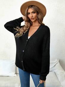 SHEIN Áo len cardigan dệt kim hở vai cho bà bầu, tay dài, dành cho mùa đông - màu đen - Xem 6