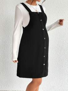 SHEIN Maternity Solid Tee & Button Front Pinafore Dress - Black and White - View 2