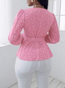 SHEIN Clasi Heart Print Lantern Sleeve Belted Peplum Blouse - Pink - View 2