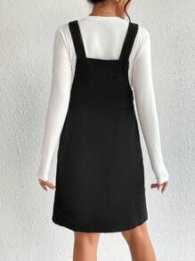 SHEIN Maternity Solid Tee & Button Front Pinafore Dress - Black and White - View 3