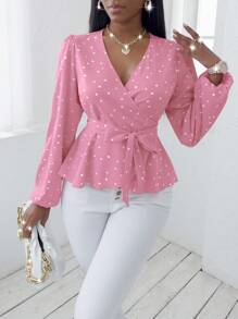 SHEIN Clasi Heart Print Lantern Sleeve Belted Peplum Blouse - Pink - View 3
