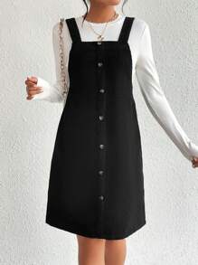 SHEIN Maternity Solid Tee & Button Front Pinafore Dress - Black and White - View 1