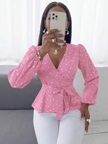 SHEIN Clasi Heart Print Lantern Sleeve Belted Peplum Blouse - Pink - View 4