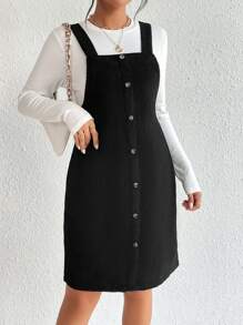SHEIN Maternity Solid Tee & Button Front Pinafore Dress - Black and White - View 4