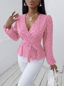 SHEIN Clasi Heart Print Lantern Sleeve Belted Peplum Blouse - Pink - View 5