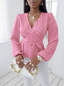 SHEIN Clasi Heart Print Lantern Sleeve Belted Peplum Blouse - Pink - View 6