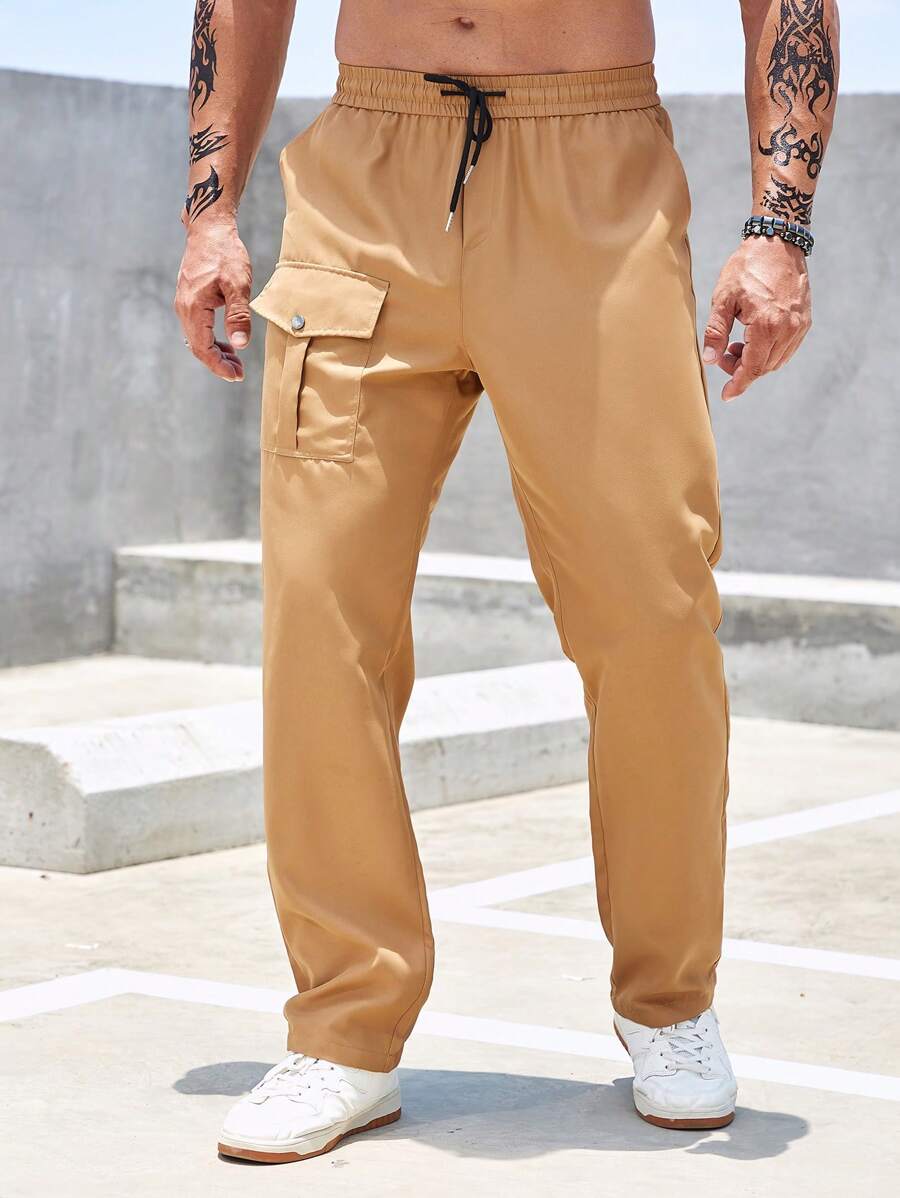 Manfinity Homme Men Flap Pocket Drawstring Waist Cargo Trousers - Brown - View 1