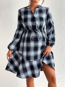 SHEIN Thai sản In kẻ sọc Tay áo lồng đèn Nút eo Xù Hoa Sen Đầm - Đen và trắng - Xem 3