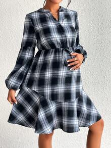 SHEIN Thai sản In kẻ sọc Tay áo lồng đèn Nút eo Xù Hoa Sen Đầm - Đen và trắng - Xem 4