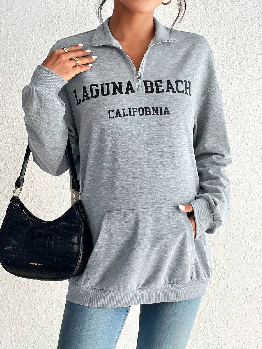 SHEIN Thai sản Đồ họa Chữ cái Túi kangaroo Thả vai Khóa kéo một phần tư Áo nỉ - Màu Xám nhạt - Xem 1