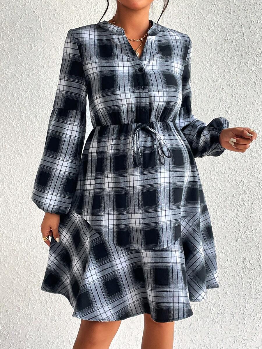 SHEIN Thai sản In kẻ sọc Tay áo lồng đèn Nút eo Xù Hoa Sen Đầm - Đen và trắng - Xem 1