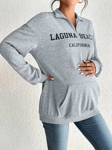 SHEIN Thai sản Đồ họa Chữ cái Túi kangaroo Thả vai Khóa kéo một phần tư Áo nỉ - Màu Xám nhạt - Xem 3