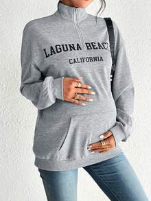 SHEIN Thai sản Đồ họa Chữ cái Túi kangaroo Thả vai Khóa kéo một phần tư Áo nỉ - Màu Xám nhạt - Xem 4