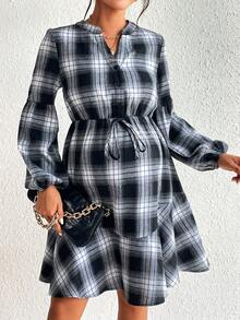 SHEIN Thai sản In kẻ sọc Tay áo lồng đèn Nút eo Xù Hoa Sen Đầm - Đen và trắng - Xem 6