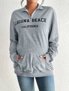 SHEIN Thai sản Đồ họa Chữ cái Túi kangaroo Thả vai Khóa kéo một phần tư Áo nỉ - Màu Xám nhạt - Xem 5