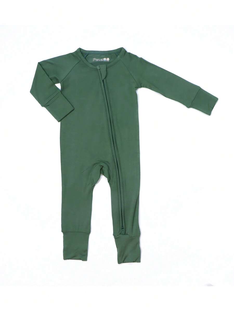 女嬰素色拉鏈開襟連身褲 - 軍綠色 - 查看 1