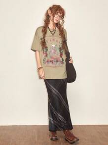 ROMWE Fairycore 骷髏&字母圖案落肩T恤 - 卡其色 - 查看 3