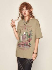 ROMWE Fairycore 骷髏&字母圖案落肩T恤 - 卡其色 - 查看 4