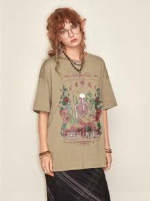 ROMWE Fairycore 骷髏&字母圖案落肩T恤 - 卡其色 - 查看 6