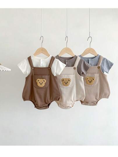 Baby Boy Bear Patched Pocket Front Overall Bodysuit