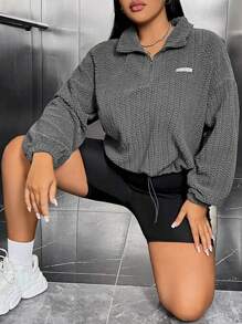 SHEIN EZwear 休閒抽繩 貼布 拉鍊純色大碼運動衫 - 深灰色 - 查看 1