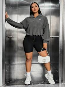 SHEIN EZwear 休閒抽繩 貼布 拉鍊純色大碼運動衫 - 深灰色 - 查看 4