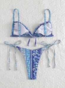 SHEIN Swim Summer Beach Floral Print Triangle Tie Side Bikini Set - Multicolor - View 2