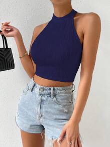 Chiquease Chất rắn Áo Crop Halter - Màu xanh hải quân - Xem 5