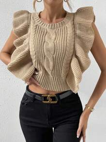 Chiquease Ruffle Trim Cable Knit Sweater Vest - Khaki - View 3