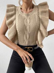Chiquease Ruffle Trim Cable Knit Sweater Vest - Khaki - View 4