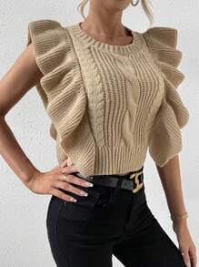 Chiquease Ruffle Trim Cable Knit Sweater Vest - Khaki - View 6