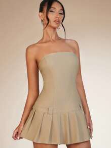 SHEIN BAE Pleated Hem Tube Dress - Khaki - View 3