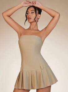 SHEIN BAE Pleated Hem Tube Dress - Khaki - View 2