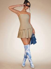 SHEIN BAE Pleated Hem Tube Dress - Khaki - View 5