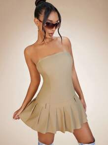 SHEIN BAE Pleated Hem Tube Dress - Khaki - View 7