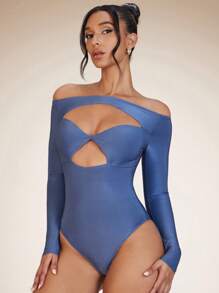SHEIN BAE Off Shoulder Cut Out Front Bodysuit - Dusty Blue - View 1