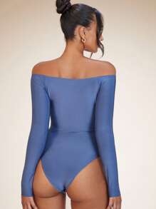 SHEIN BAE Off Shoulder Cut Out Front Bodysuit - Dusty Blue - View 2