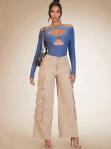 SHEIN BAE Off Shoulder Cut Out Front Bodysuit - Dusty Blue - View 3