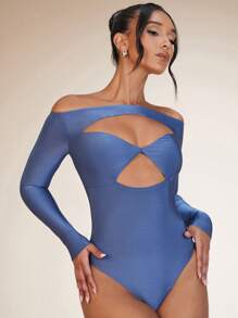 SHEIN BAE Off Shoulder Cut Out Front Bodysuit - Dusty Blue - View 4