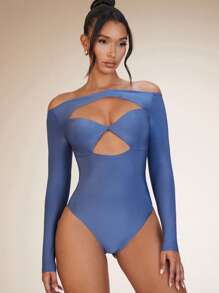SHEIN BAE Off Shoulder Cut Out Front Bodysuit - Dusty Blue - View 5