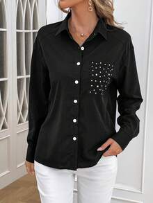 SHEIN Clasi 休閒口袋 前紐扣 水鑽純色女士襯衫 - 黑色 - 查看 3