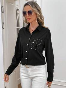 SHEIN Clasi 休閒口袋 前紐扣 水鑽純色女士襯衫 - 黑色 - 查看 4