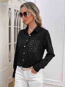 SHEIN Clasi 休閒口袋 前紐扣 水鑽純色女士襯衫 - 黑色 - 查看 6