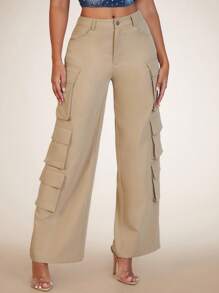 SHEIN BAE Flap Pocket Side Cargo Pants - Khaki - View 5