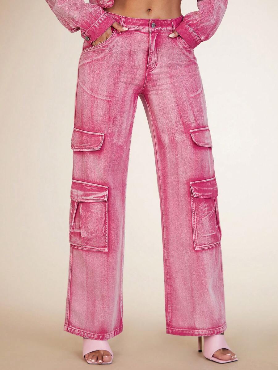 SHEIN BAE 翻蓋口袋工裝牛仔褲 - 粉色 - 查看 1