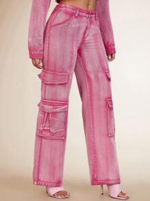 SHEIN BAE 翻蓋口袋工裝牛仔褲 - 粉色 - 查看 4