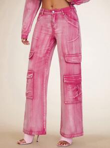 SHEIN BAE 翻蓋口袋工裝牛仔褲 - 粉色 - 查看 6